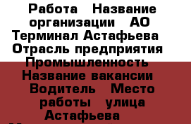 Работа › Название организации ­ АО “Терминал Астафьева“ › Отрасль предприятия ­ Промышленность › Название вакансии ­ Водитель › Место работы ­ улица Астафьева 1 › Максимальный оклад ­ 45 000 - Приморский край, Находка г. Работа » Вакансии   . Приморский край